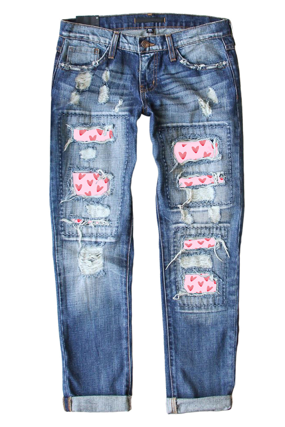 Sky Blue Valentines Day Heart Patchwork Jeans Graphic Pants JT's Designer Fashion