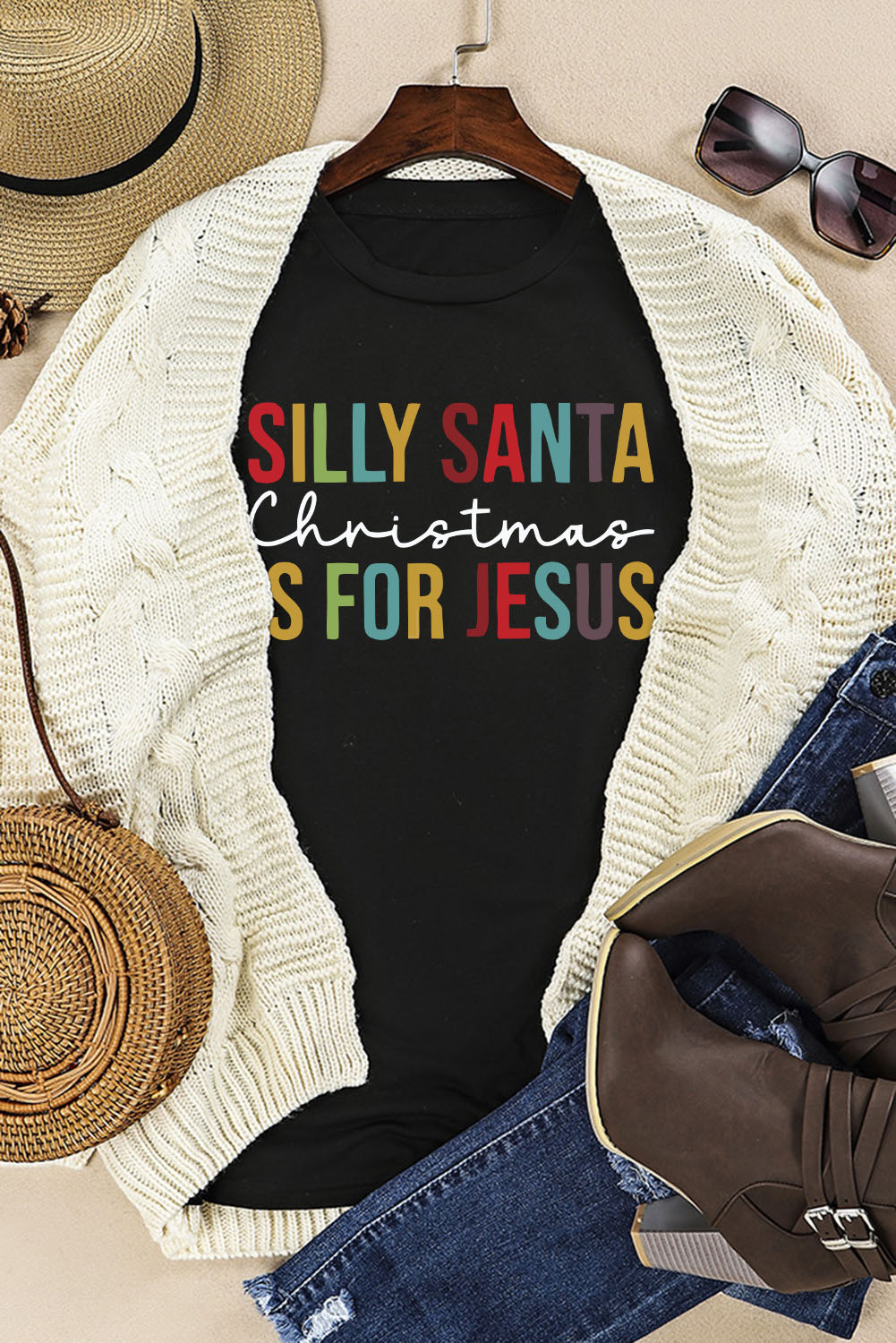 Black Silly Santa Christmas is For Jesus Graphic T Shirt Graphic Tees JT's Designer Fashion