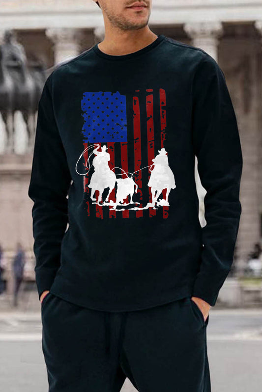 Black American Flag Team Roping Horse Print Men's Long Sleeve Top Black 95%涤纶+5%氨纶 Men's Tops JT's Designer Fashion
