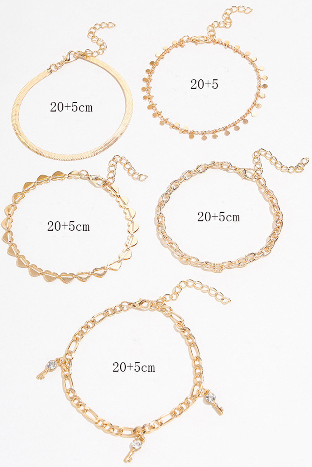 Gold Sweet Heart Rhinestone Dangle 5-piece Anklets Jewelry JT's Designer Fashion