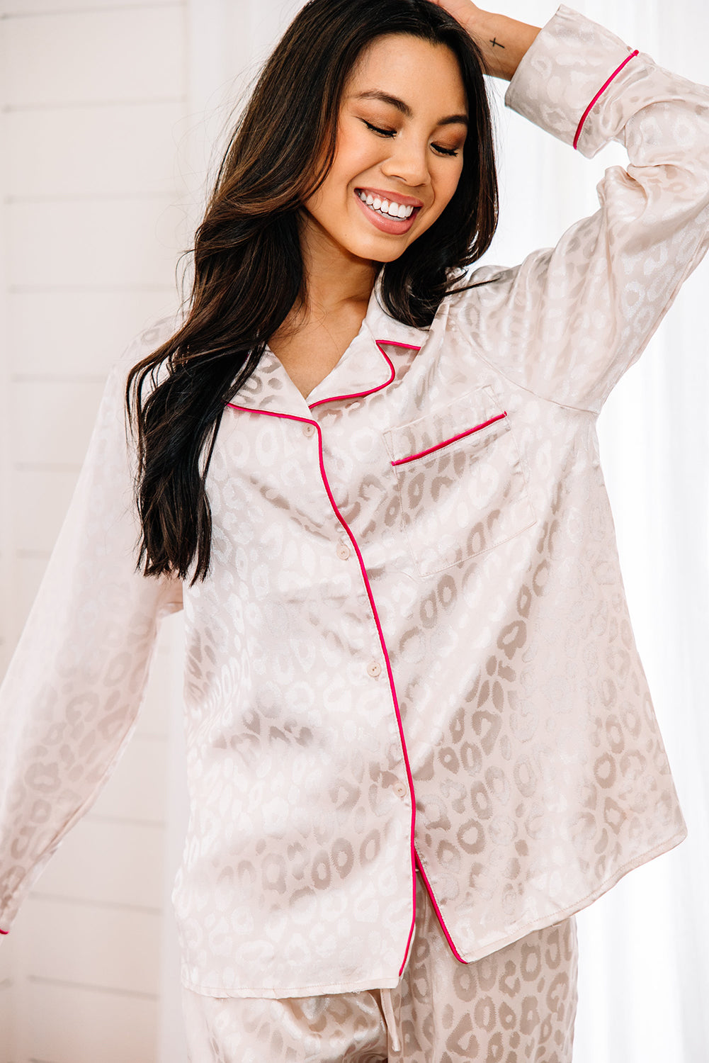 White 2pcs Leopard Satin Long Sleeve Pajamas Set Pre Order Bottoms JT's Designer Fashion
