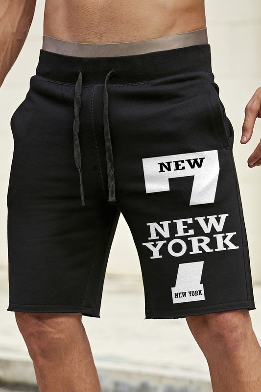 Black New York Number 7 Print Jogging Fitness Drawstring Shorts Black 55%Viscose+45%Polyester Men's Pants JT's Designer Fashion