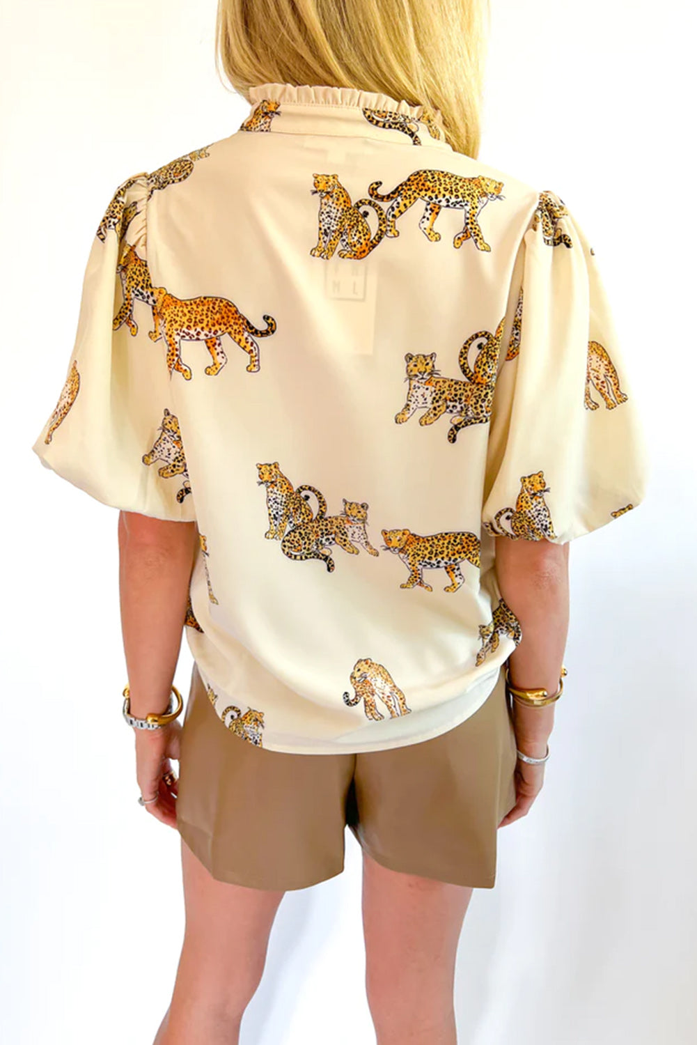 Apricot Cheetah Printed Split Neck Puff Sleeve Blouse Blouses & Shirts JT's Designer Fashion