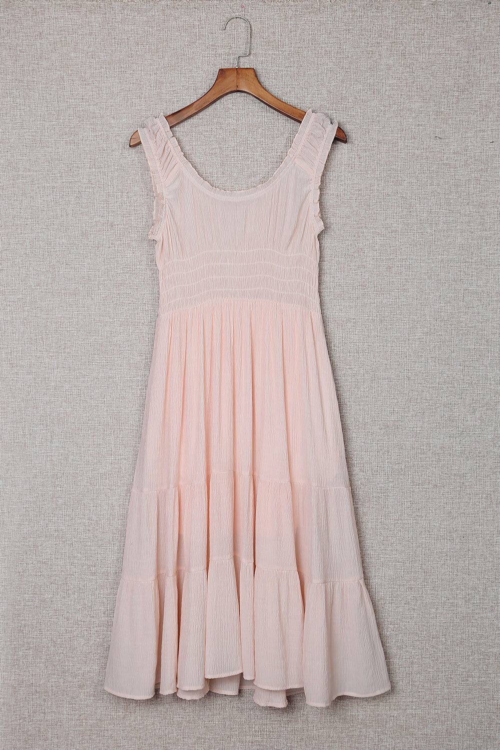 Apricot Smocked Ruched Sleeveless High Waist Midi Dress Midi Dresses JT's Designer Fashion