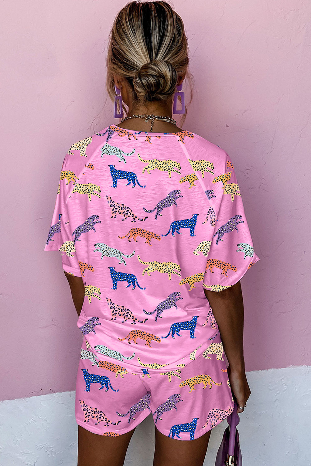 Pink Flower Print Short Sleeve High Waist Two Piece Shorts Set Short Sets JT's Designer Fashion