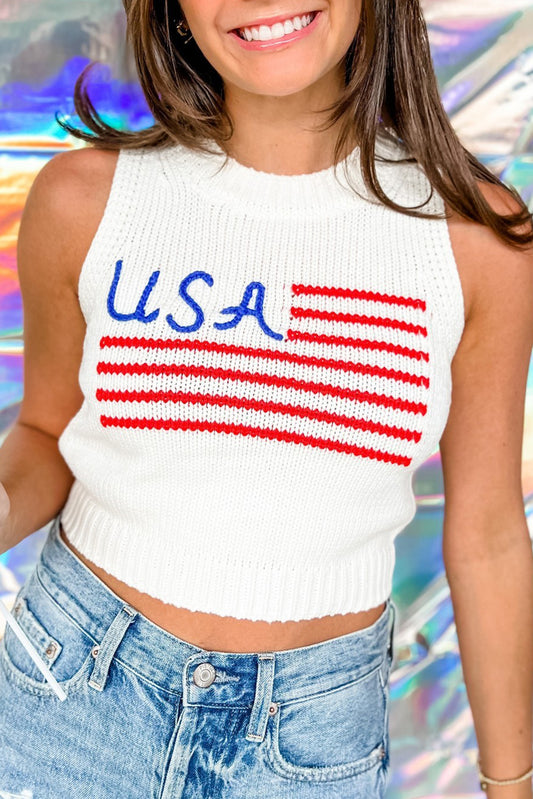 White USA Stripes Graphic Cropped Sweater Tank