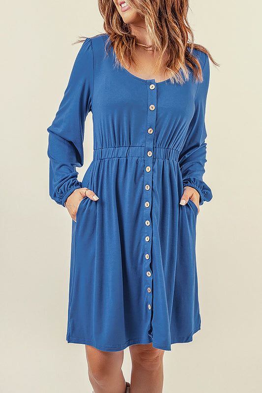 Blue Button Up High Waist Long Sleeve Dress Midi Dresses JT's Designer Fashion