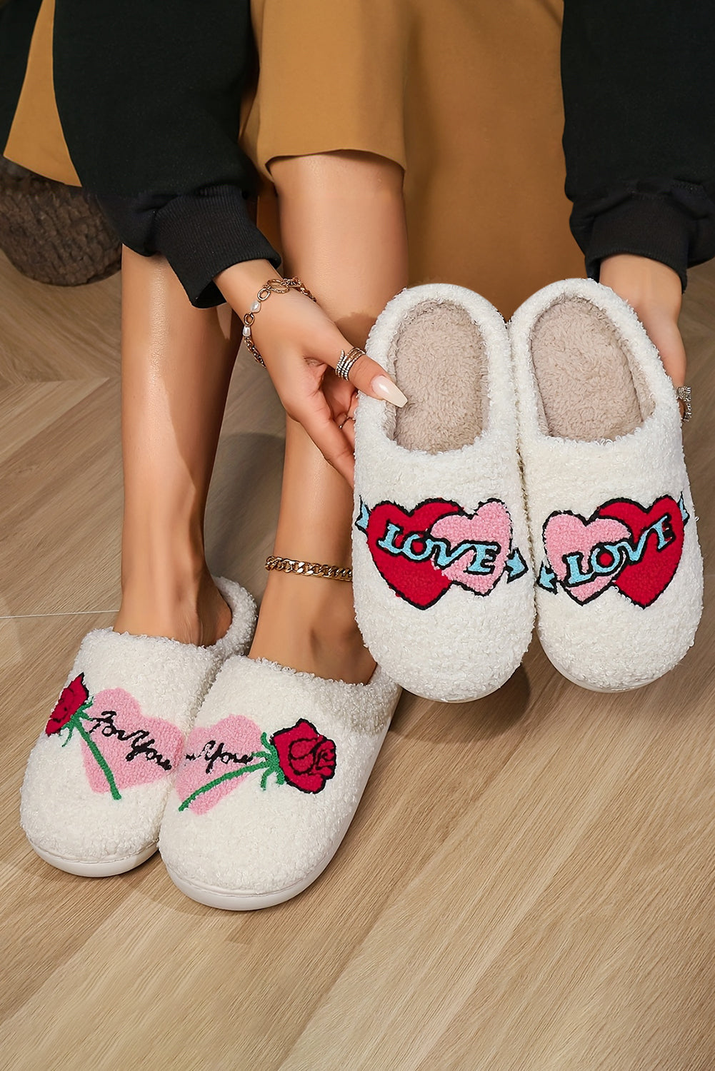 White Valentines Double Heart Graphic Winter Plush Slipper Slippers JT's Designer Fashion