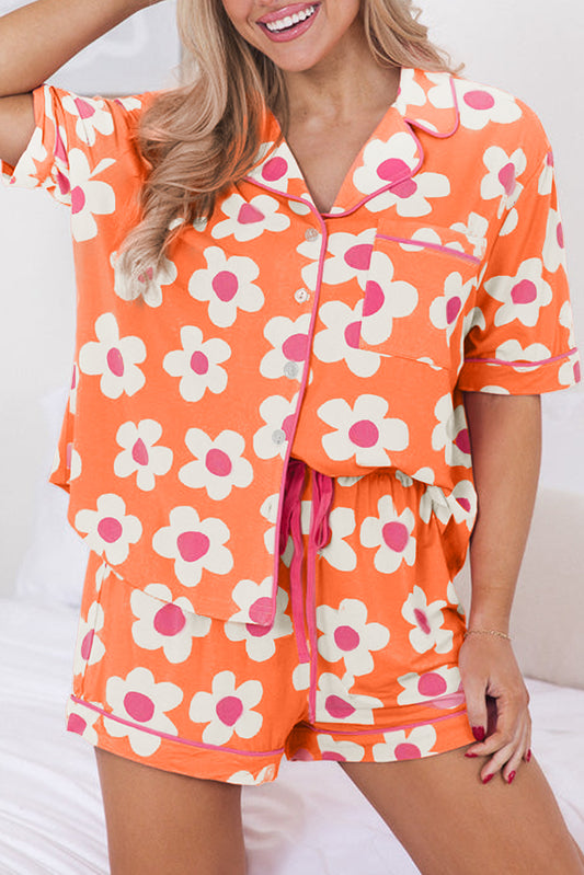 Orange Flower Print Short Sleeve Shirt Pajamas Set Pre Order Loungewear JT's Designer Fashion