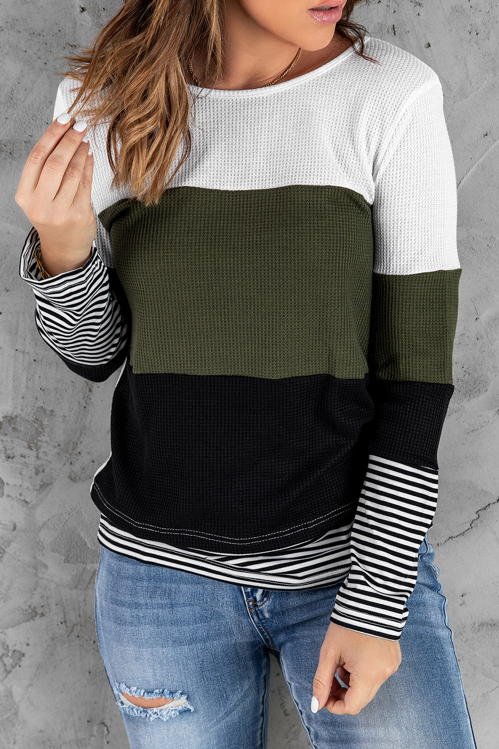 Green Stylish Colorblock Splicing Stripes Top Long Sleeve Tops JT's Designer Fashion