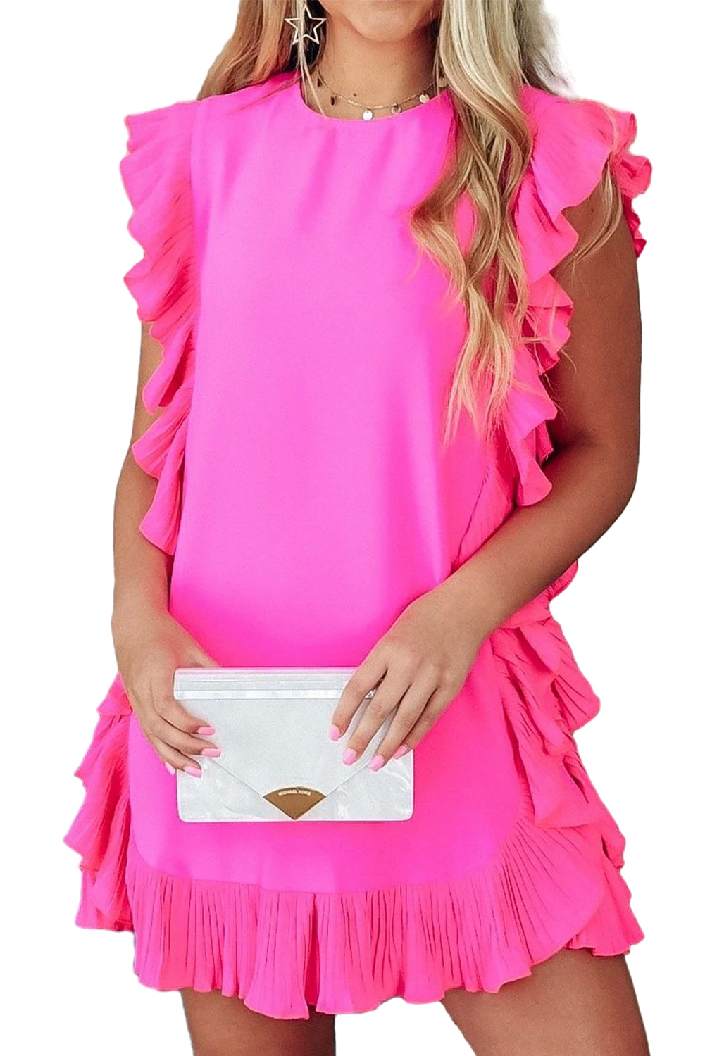 Bright Pink Solid Ruffled Edge Keyhole Back Mini Dress Mini Dresses JT's Designer Fashion