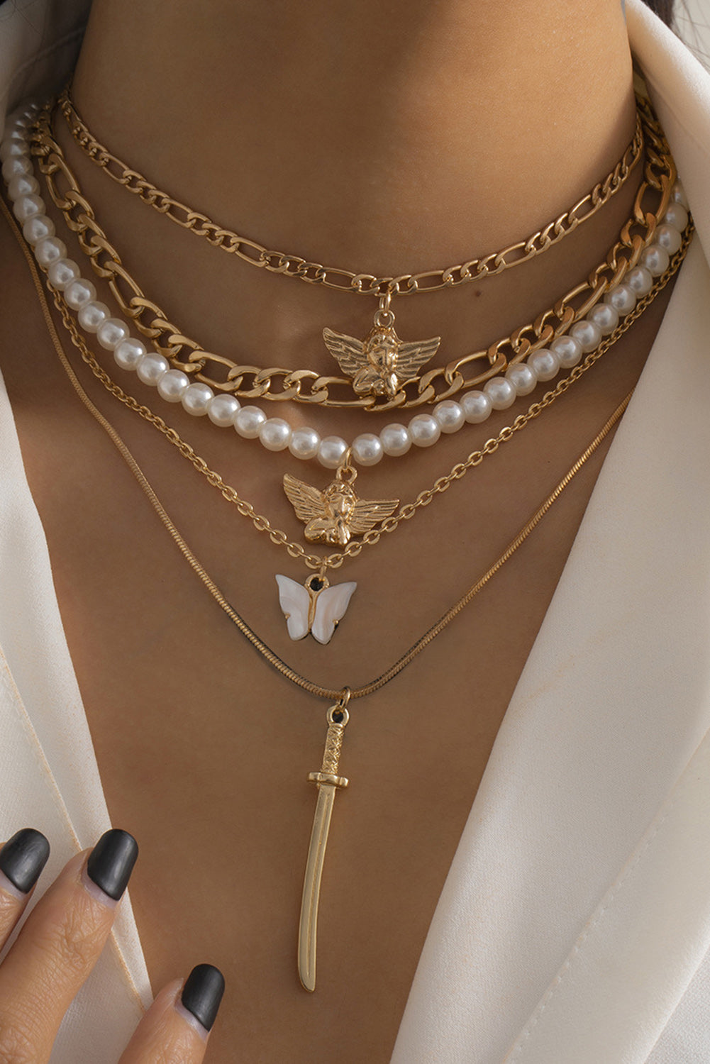 Gold Butterfly Pearl Decoration Multilayer Necklace Jewelry JT's Designer Fashion