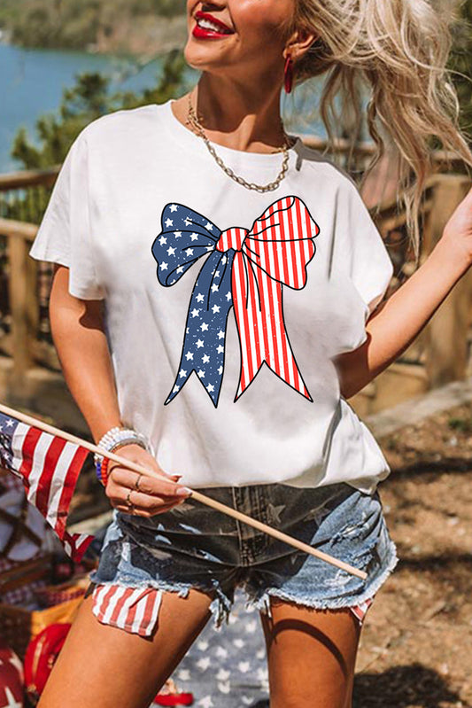White American Flag Bow Knot Print Crew Neck Tee Graphic Tees JT's Designer Fashion