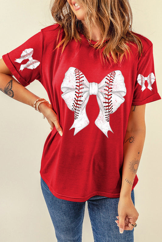 Red Baseball Bowknot Graphic Relaxed T Shirt Graphic Tees JT's Designer Fashion