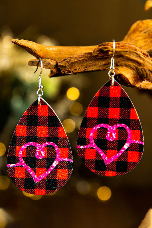 Fiery Red Valentine Sequin Heart Pattern Plaid PU Earrings Jewelry JT's Designer Fashion