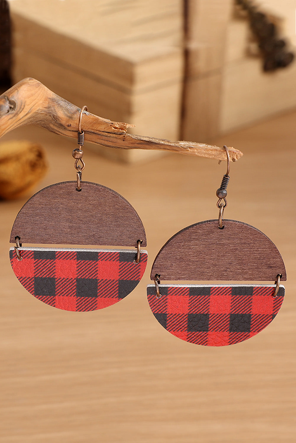 Red Christmas Plaid and Wood Earrings Jewelry JT's Designer Fashion
