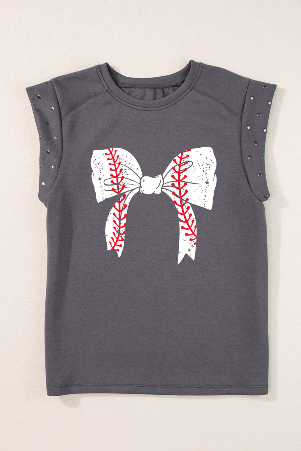 Dark Grey Baseball Bowknot Graphic Studded Cap Sleeve T Shirt Graphic Tees JT's Designer Fashion