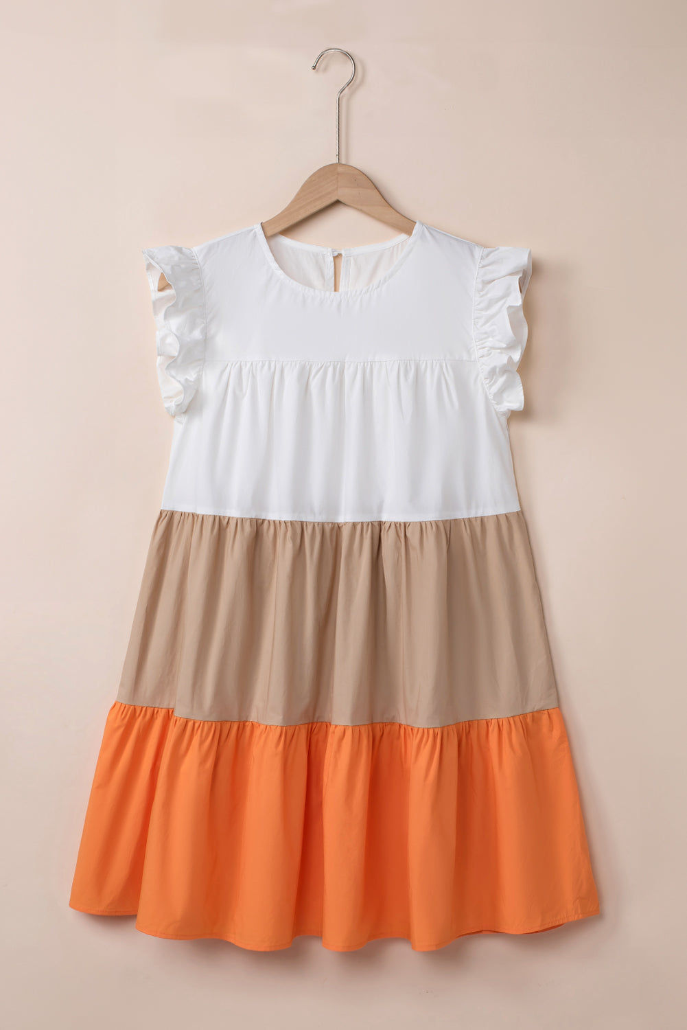 Apricot Colorblock Patchwork Ruffled Cap Sleeve Tiered Dress Mini Dresses JT's Designer Fashion