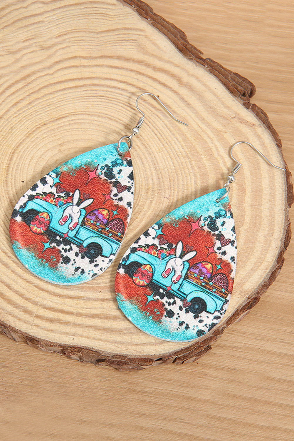 Sky Blue Easter Day Colorblock Bunny Print Pu Leather Drop Earrings Jewelry JT's Designer Fashion