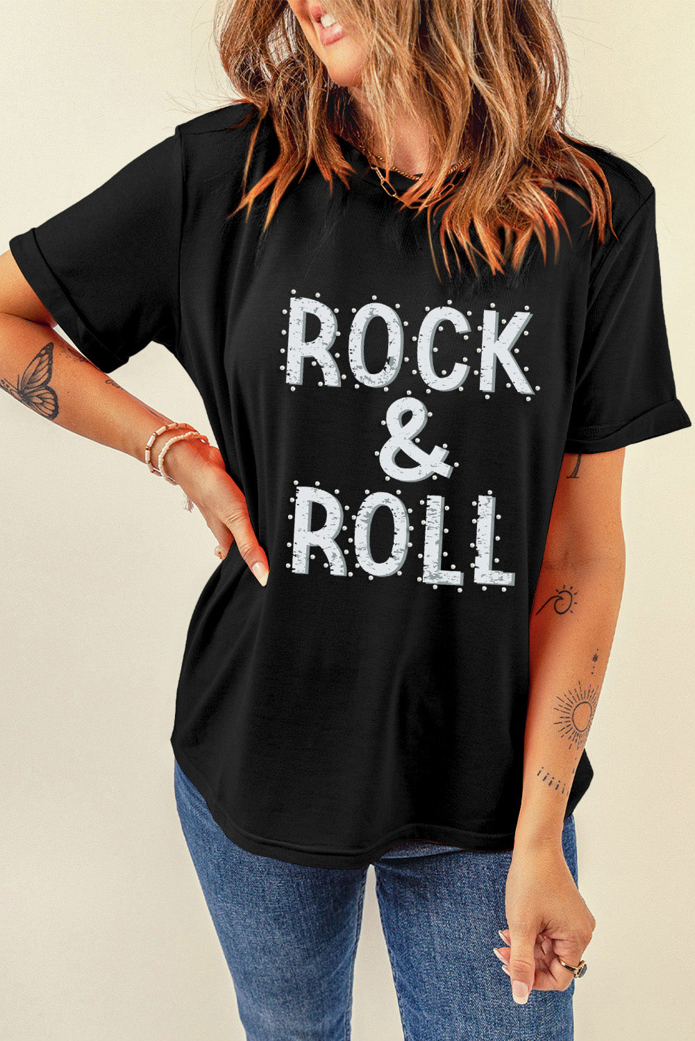 Black ROCK & ROLL Graphic Crew Neck Tee Graphic Tees JT's Designer Fashion