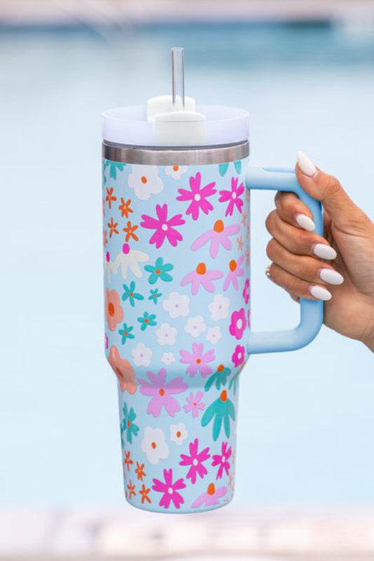 Beau Blue Cute Flower Pattern Handled Cup with Straw 40oz Tumblers JT's Designer Fashion