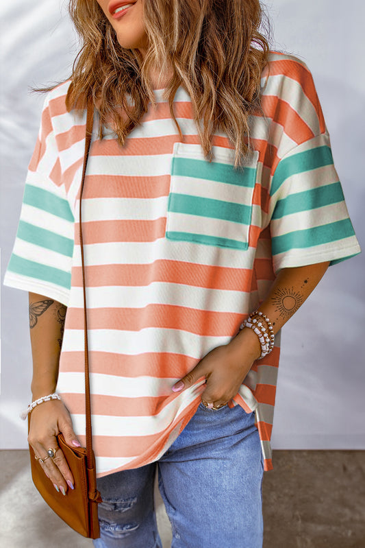Orange Stripe Contrast Patch Pocket Drop Sleeve T Shirt Pre Order Tops JT's Designer Fashion