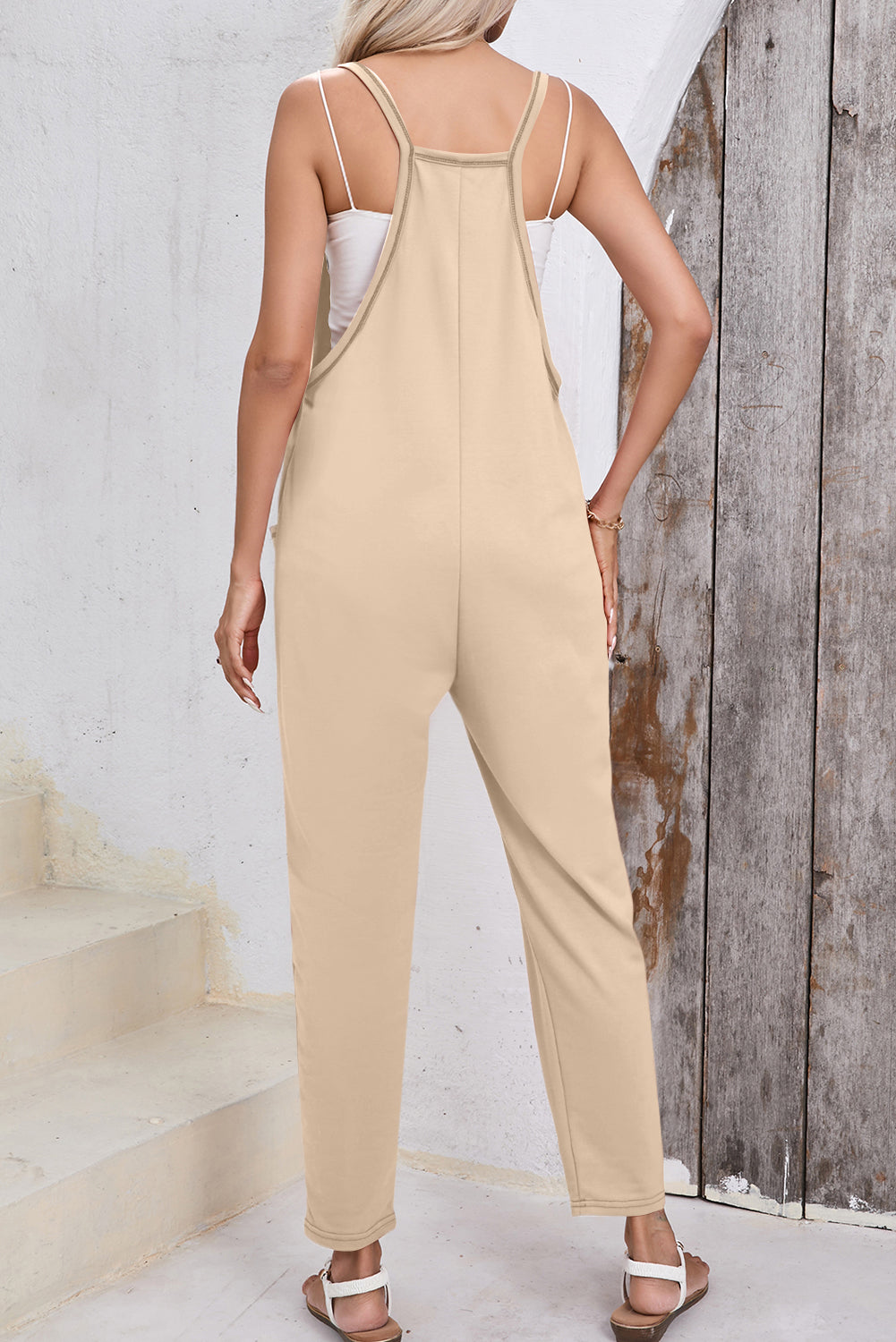 Apricot Side Pockets Harem Pants Sleeveless V Neck Jumpsuit Pre Order Bottoms JT's Designer Fashion