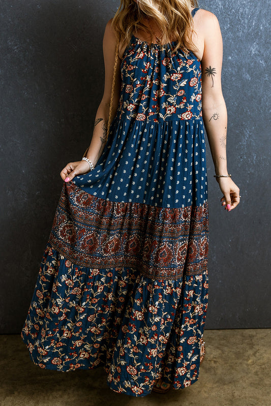 Blue Boho Floral Splicing Sleeveless Maxi Dress Pre Order Dresses JT's Designer Fashion