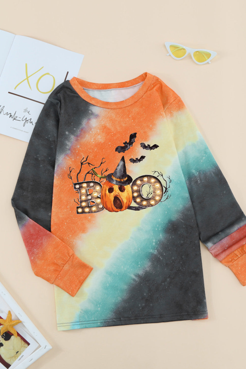 Orange BOO Pumpkin Tie Dye Graphic Print Pullover Sweatshirt Graphic Sweatshirts JT's Designer Fashion