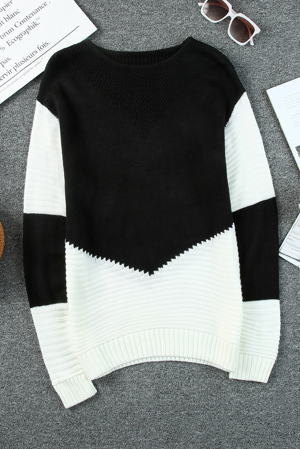 Black Two-Tone Chevron Pullover Sweater Sweaters & Cardigans JT's Designer Fashion