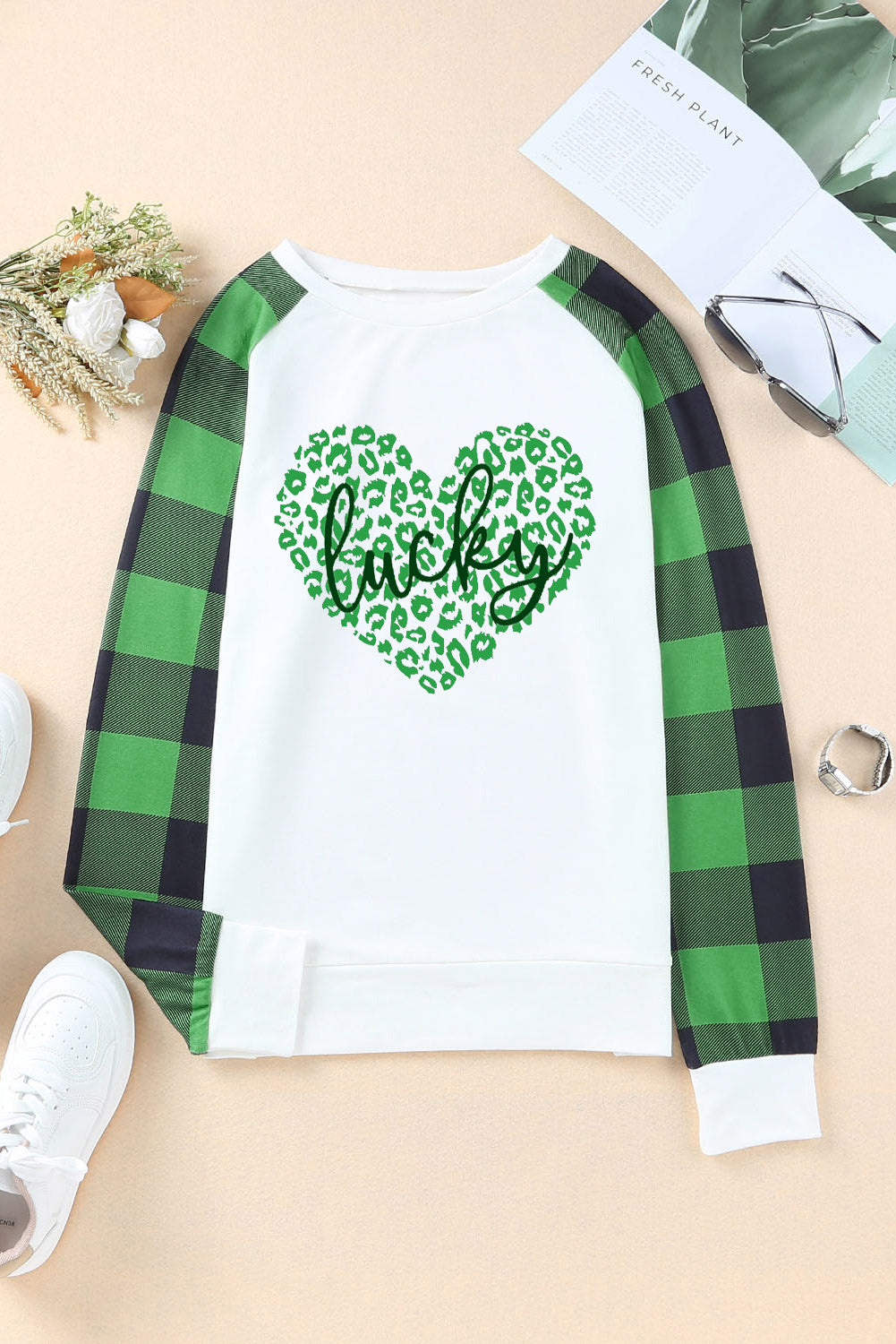 Green Lucky Heart Pattern Leopard & Buffalo Plaid Sweatshirt Graphic Sweatshirts JT's Designer Fashion