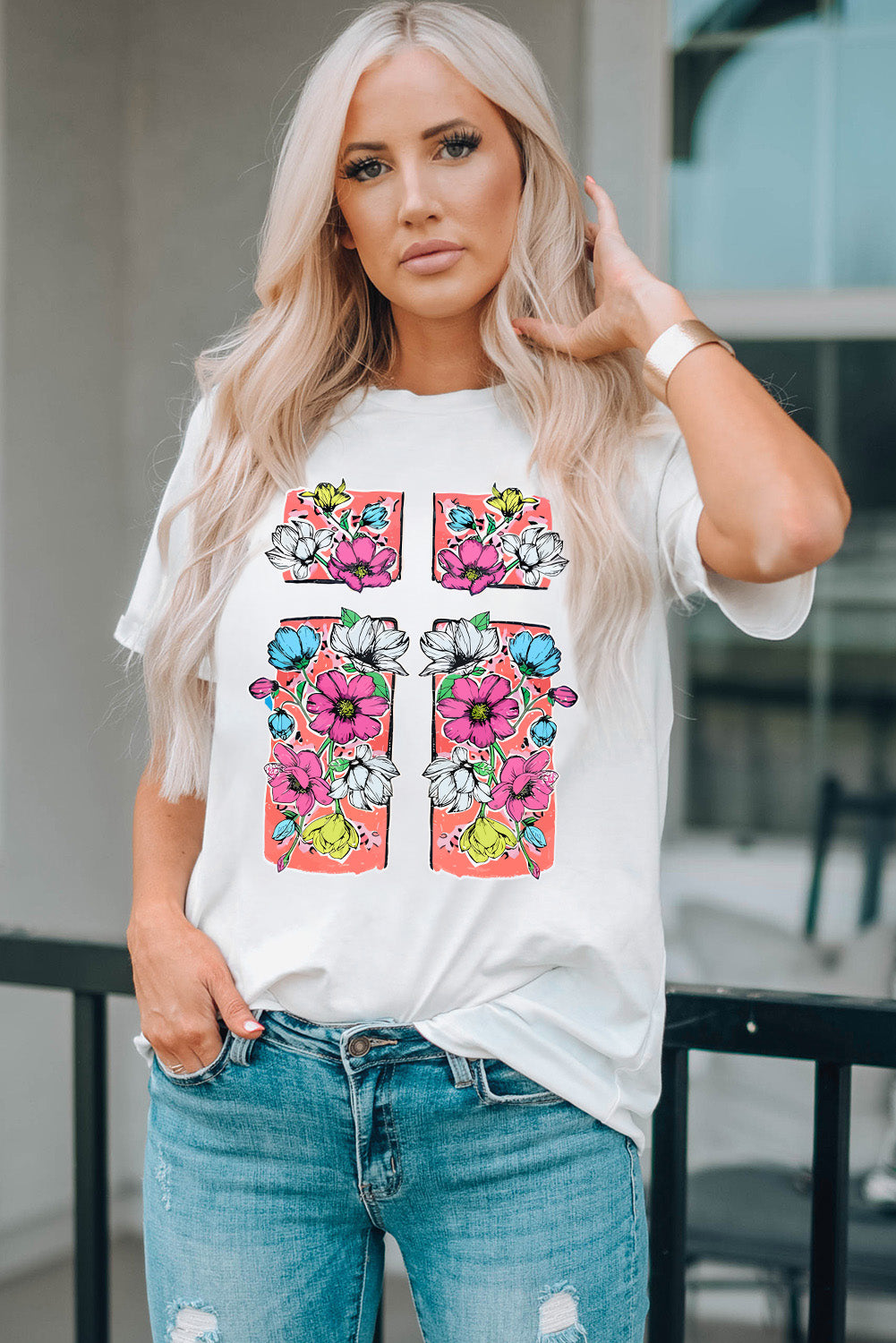 White Floral Crossed Graphic Easter Round Neck T Shirt Graphic Tees JT's Designer Fashion