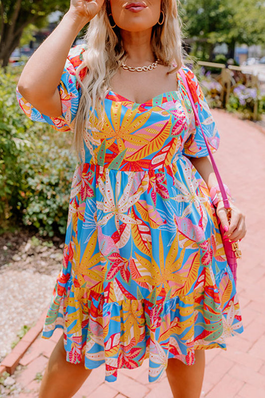 Sky Blue Plus Size Tropical Floral Sweetheart Neck Babydoll Dress