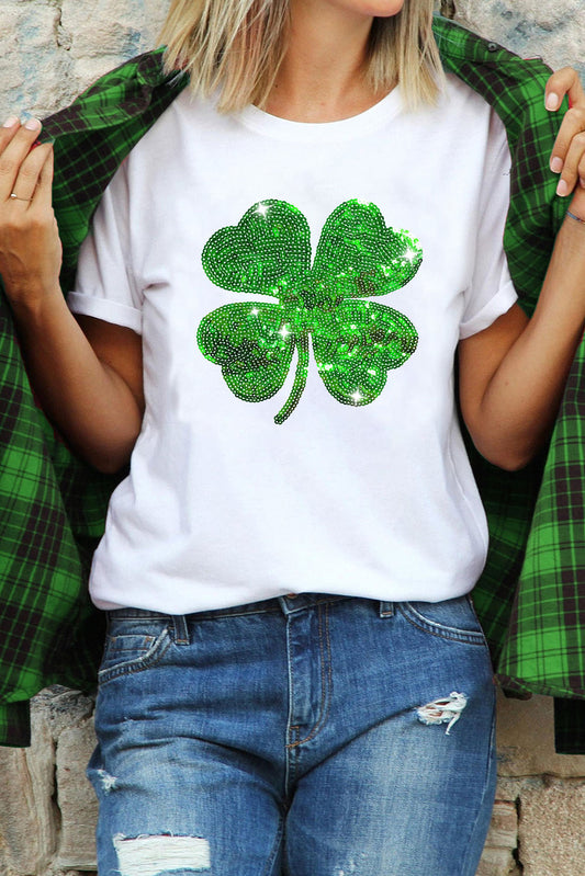 White Sequin Clover Patch Graphic St Patrick Fashion Tee Graphic Tees JT's Designer Fashion
