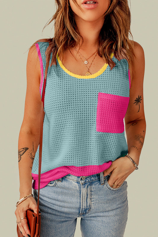 Light Blue Color Block Patched Pocket Breathable Knit Tank Top