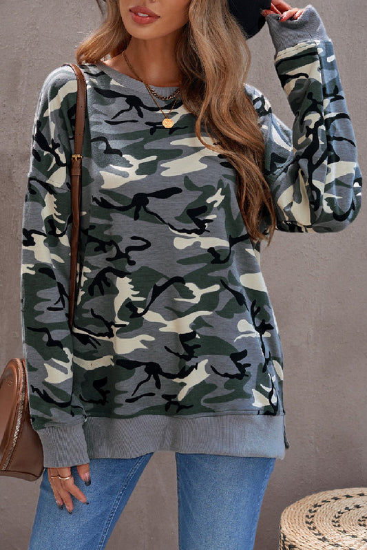Green Camouflage Pullover Sweatshirt with Slits Sweatshirts & Hoodies JT's Designer Fashion