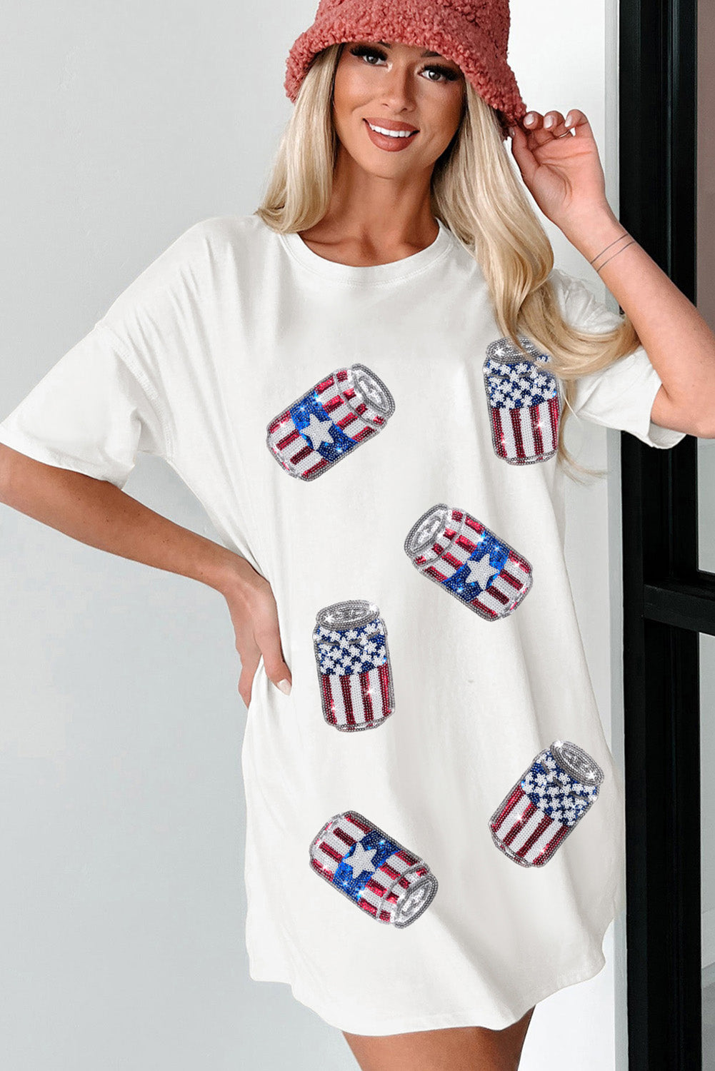 White Sequin American Flag Can Oversized Graphic Tee Graphic Tees JT's Designer Fashion
