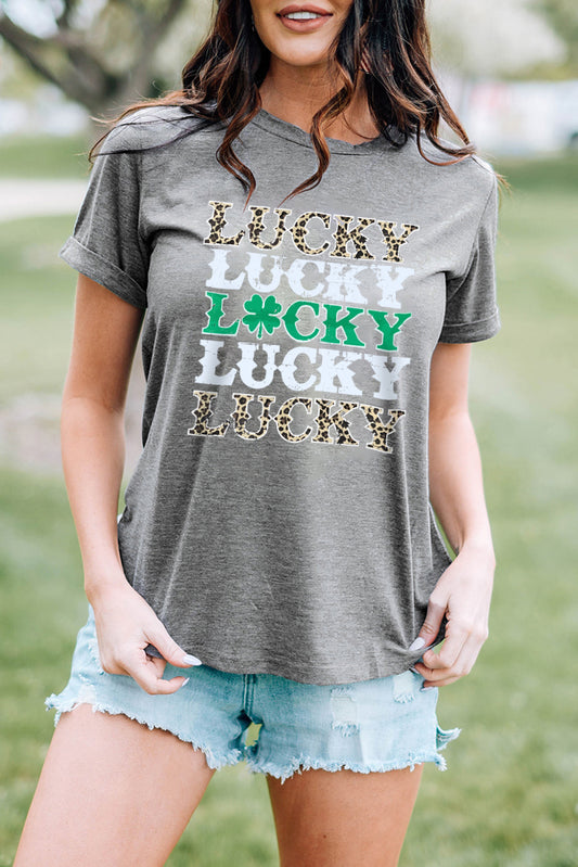 Gray LUCKY Clover Leopard Print Crewneck T Shirt Graphic Tees JT's Designer Fashion