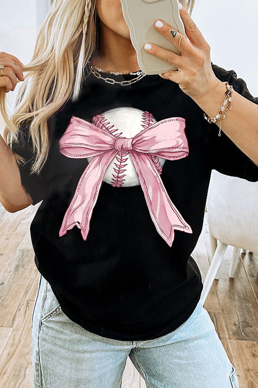 Black Baseball Bow Knot Print Round Neck T Shirt Graphic Tees JT's Designer Fashion