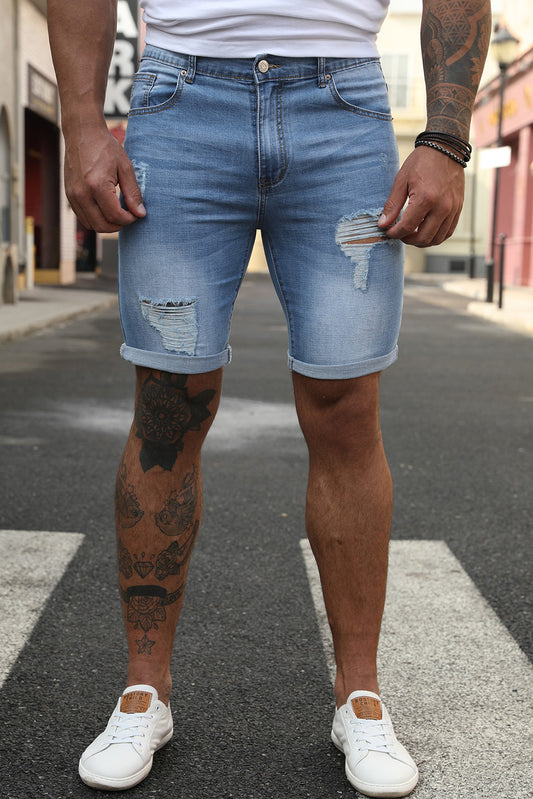Sky Blue Distressed Low-rise Men's Denim Shorts Sky Blue Men's Pants JT's Designer Fashion