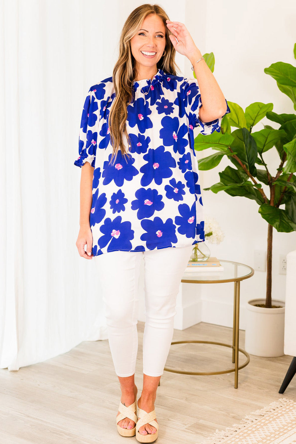 Blue Floral Print Frilled Neck Half Sleeve Plus Size Top Pre Order Plus Size JT's Designer Fashion