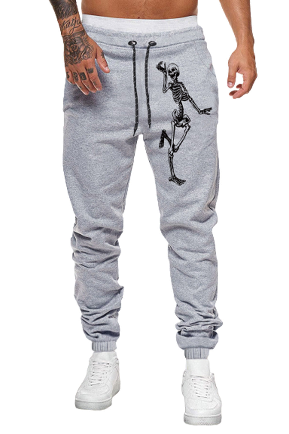Gray Skeleton Print Drawstring Elastic Waist Men's Sweatpants Men's Pants JT's Designer Fashion