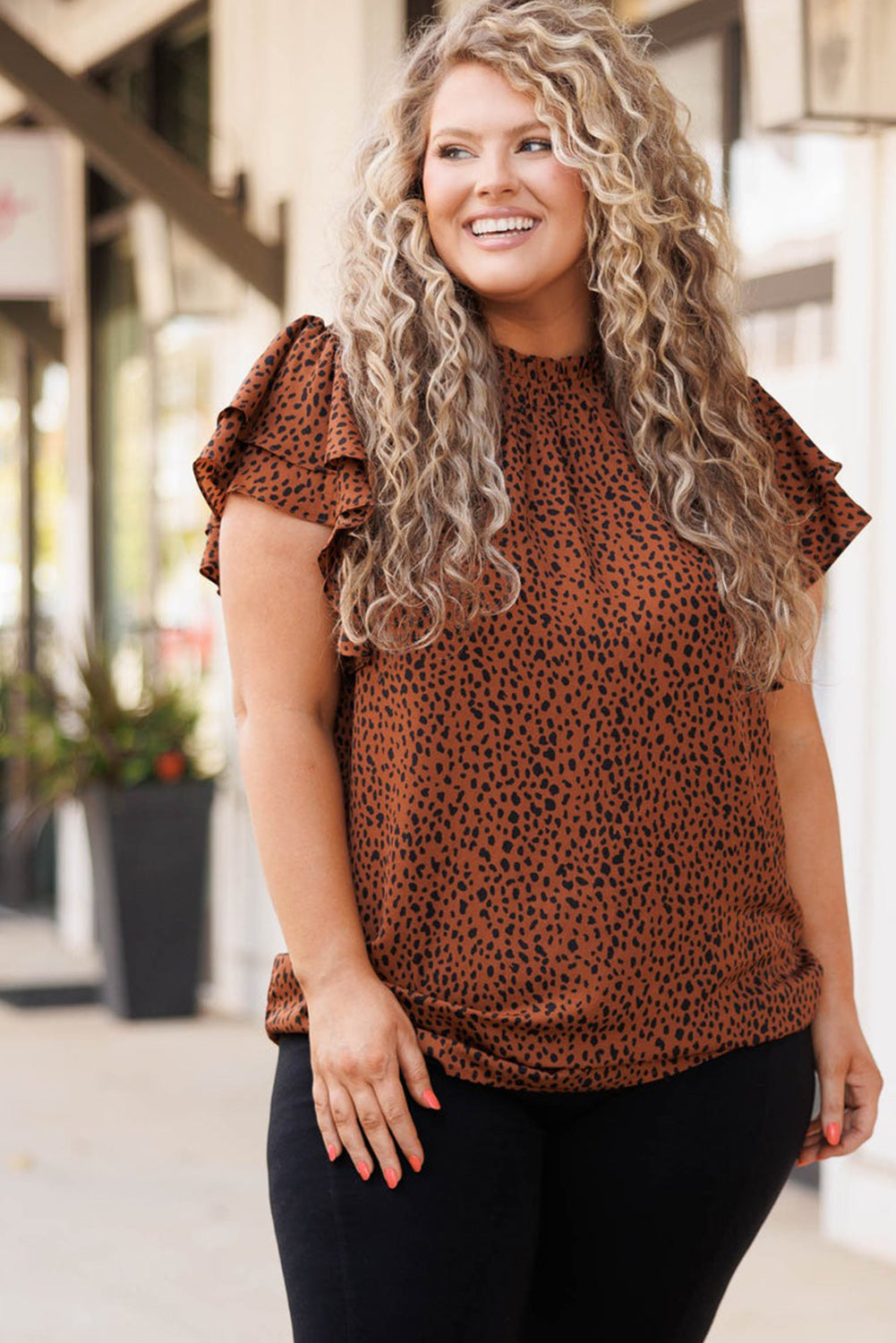 Brown Leopard Print Tiered Ruffled Sleeve Plus Size Blouse Pre Order Plus Size JT's Designer Fashion