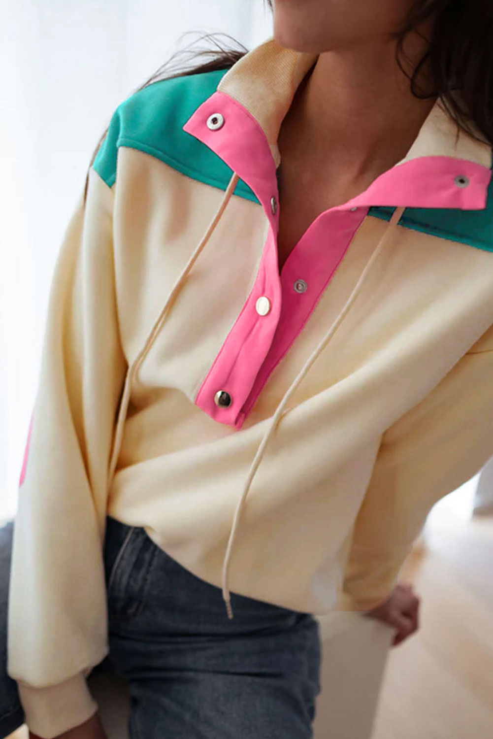 Apricot Color Block Elbow Patch Half Button Sweatshirt Sweatshirts & Hoodies JT's Designer Fashion