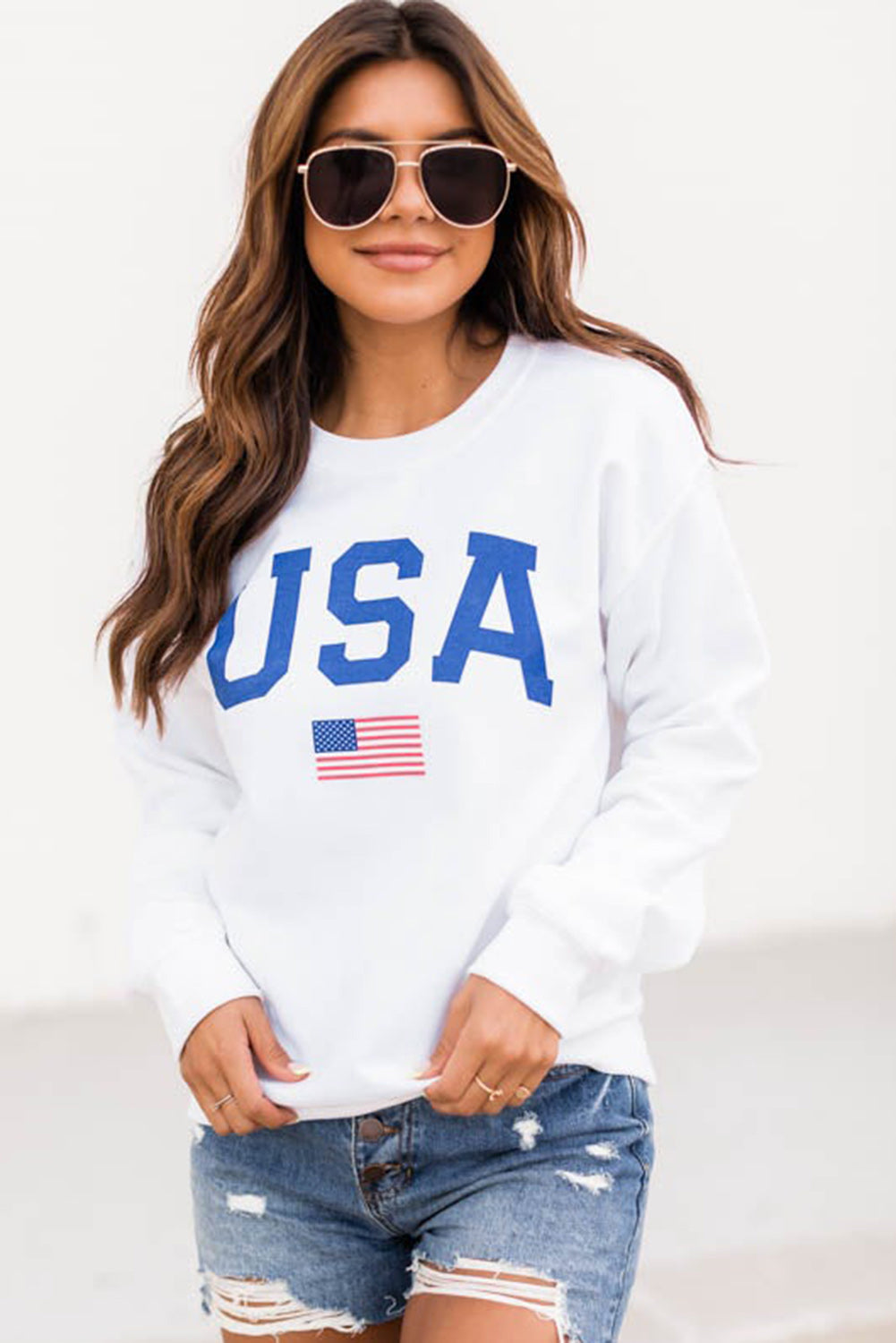 White USA Flag Print Drop Sleeve Pullover Sweatshirt Graphic Sweatshirts JT's Designer Fashion