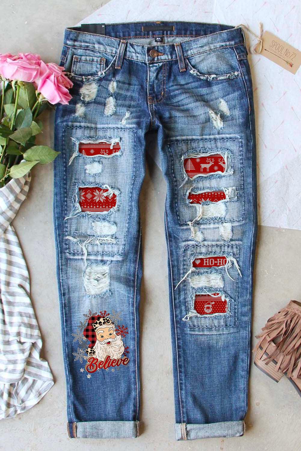 Sky Blue Santa Claus Pattern Splicing Distressed Boyfriend Jeans Graphic Pants JT's Designer Fashion