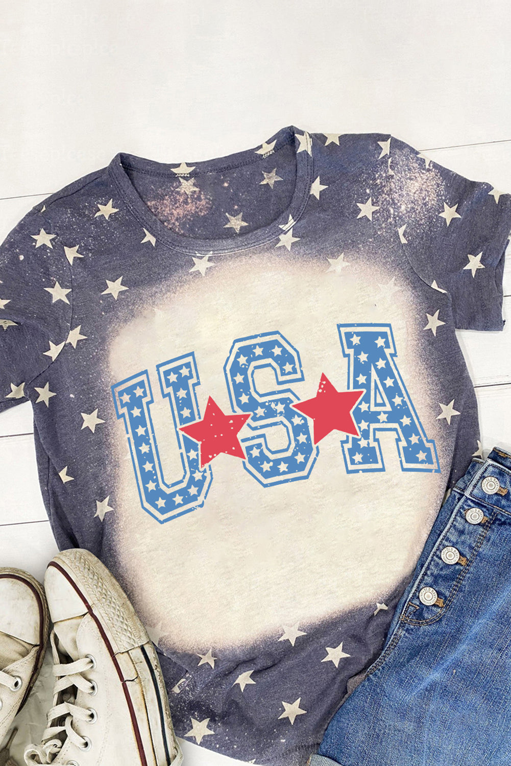 Blue USA Stars Bleached Print Crew Neck T Shirt Graphic Tees JT's Designer Fashion