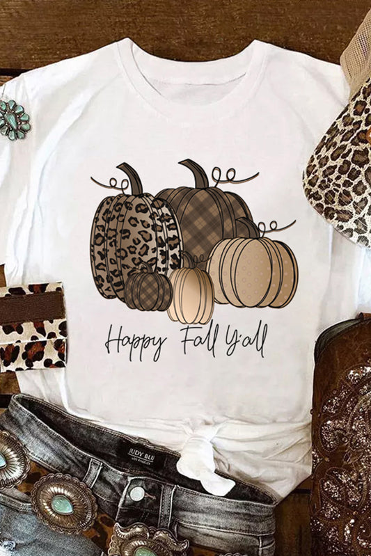 White Happy Fall Y'all Pumpkin Print Graphic T Shirt Graphic Tees JT's Designer Fashion