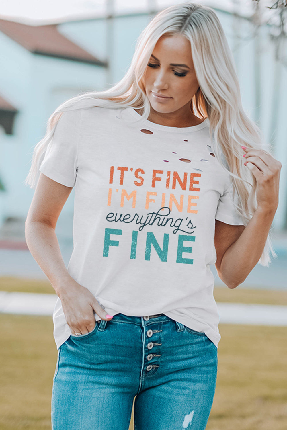 White Everything is Fine Graphic Distressed T-shirt Graphic Tees JT's Designer Fashion