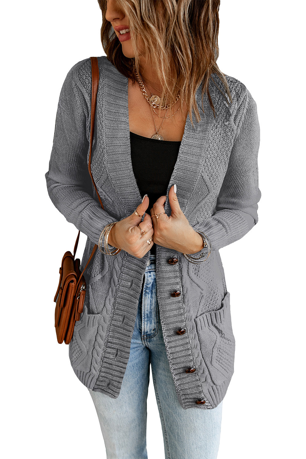 Dark Gray Front Pocket and Buttons Closure Cardigan Sweaters & Cardigans JT's Designer Fashion